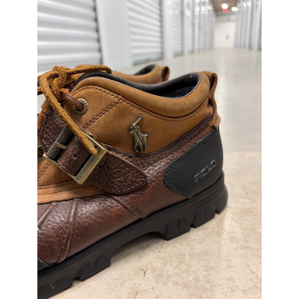 Polo Ralph Lauren Mens Brown Leather Duck Boots Buckle Strap Mid Top Lug Sole - Picture 2 of 6